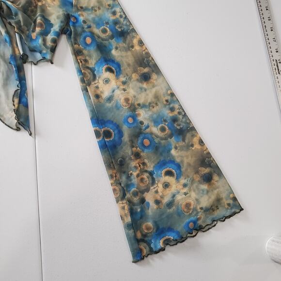 Y2L Fairy Grunge Whimsy Top Womens Small Mesh Bell Sleeve Tie Front Sheer Floral - Picture 2 of 7